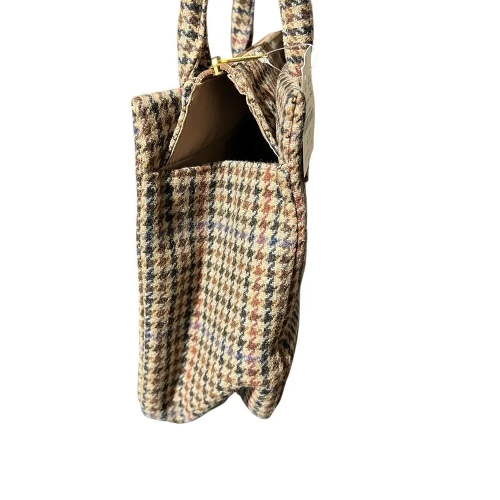 J Crew Handbag Tan Wool Blend Houndstooth Structured‎ Top Handle Purse Red